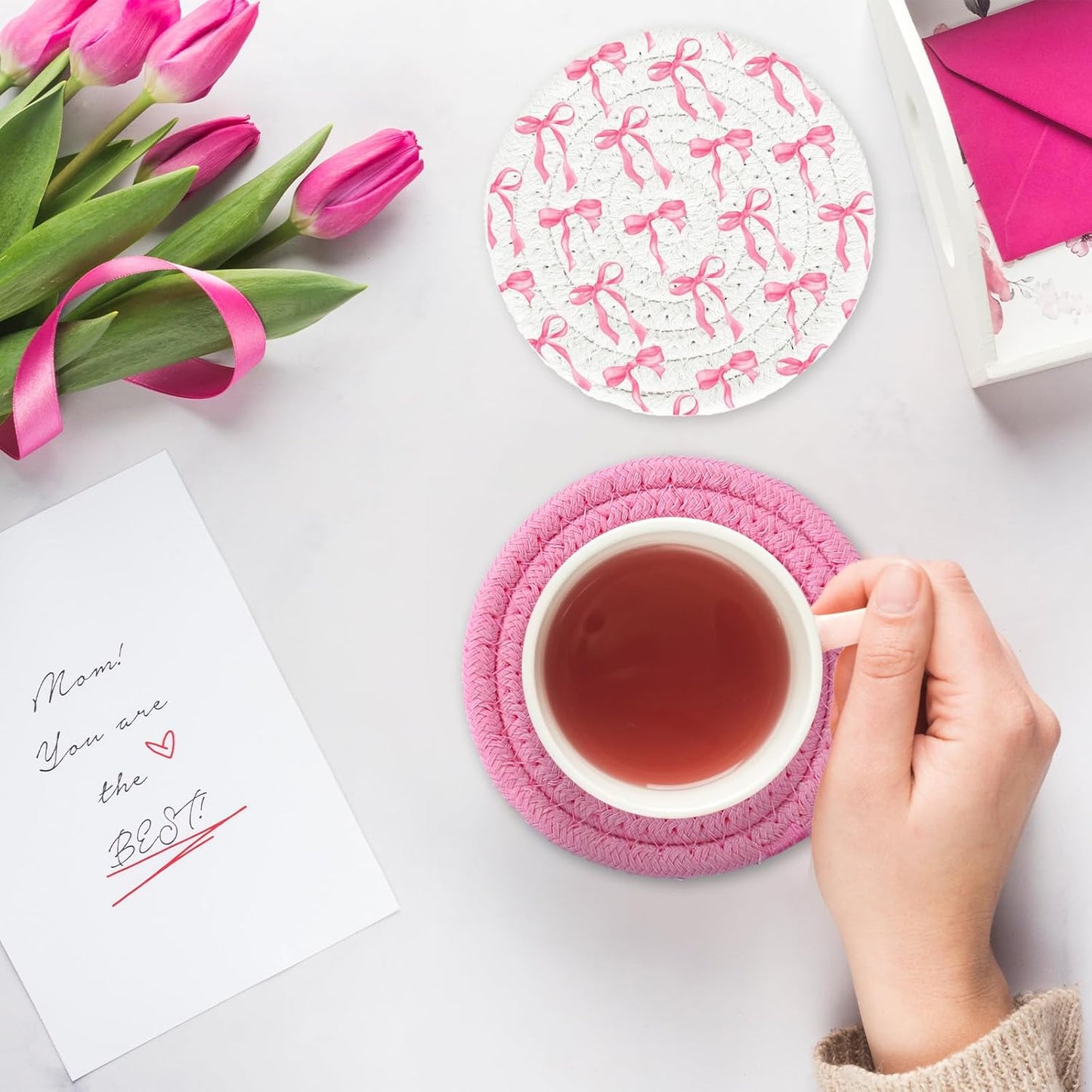 Whaline Pink Bow Coasters Handmade Braided Cotton Coasters Round Absorbent Bowknot Coquette Drink Mats for Breast Cancer Awareness Birthday Wedding Baby Shower Party Home Office Table Decor, Set of 4