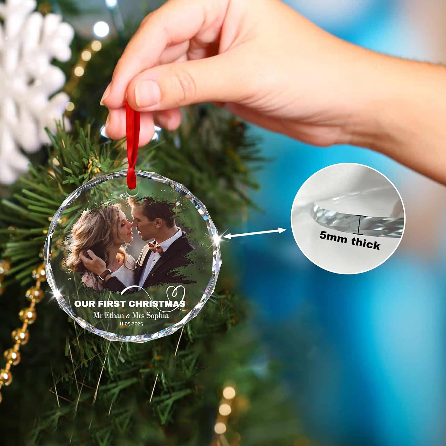 Personalized First Christmas Married Ornament 2025 - Custom 3D Crystal Photo Wedding Ornaments, Personalized Xmas Gifts for Couples (Married)