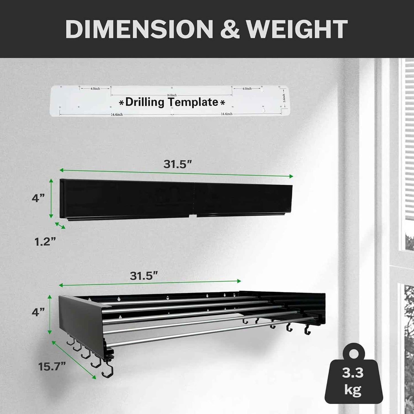 Foldable Wall Mounted Drying Rack - 31.5” Wide, 13.2 Ft Drying Space, 5 Aluminum Rods, Supports Up to 60 lbs - Retractable & Foldable Space-Saving Wall Mounted Clothes Drying Rack (Black)