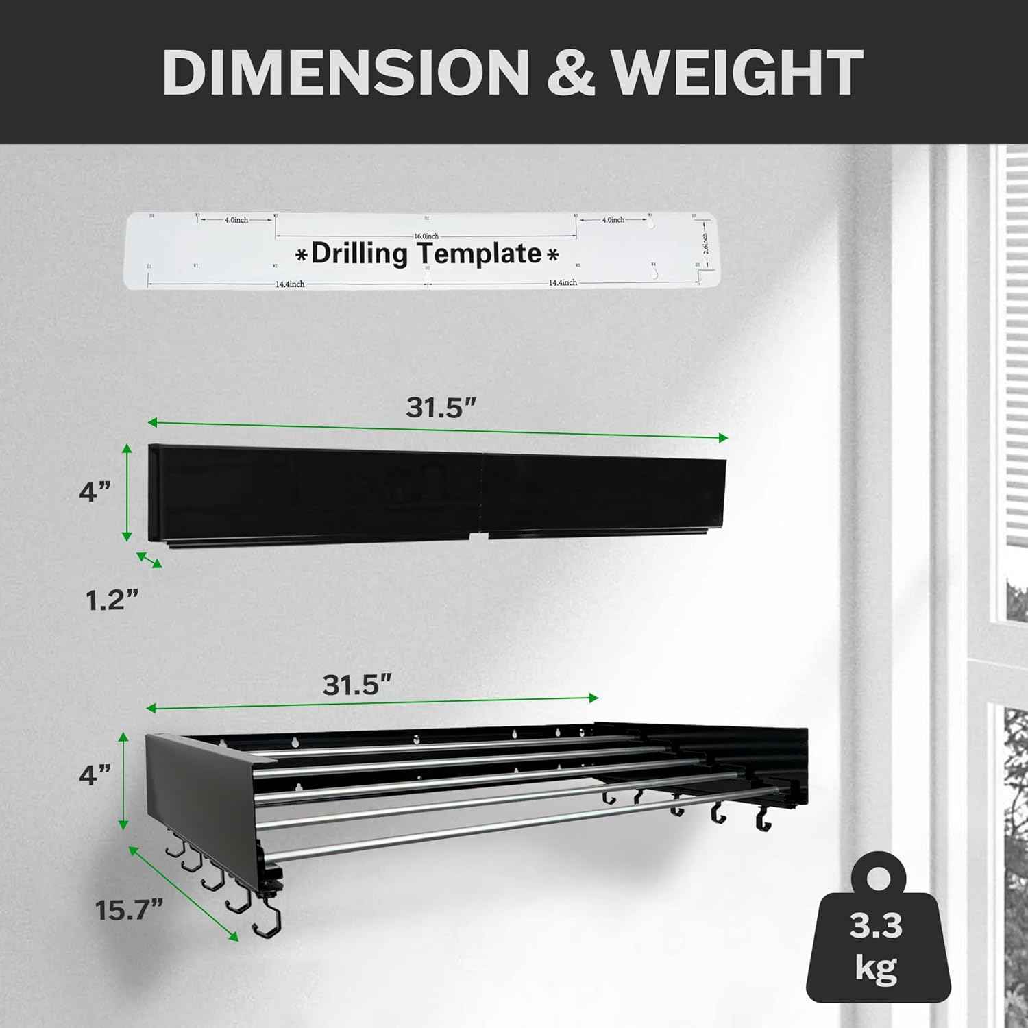 Foldable Wall Mounted Drying Rack - 31.5” Wide, 13.2 Ft Drying Space, 5 Aluminum Rods, Supports Up to 60 lbs - Retractable & Foldable Space-Saving Wall Mounted Clothes Drying Rack (Black)