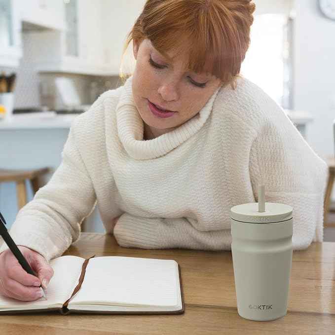 COKTIK 16oz Insulated Tumbler with Lid and Straw Iced Coffee Cup Reusable Stainless Steel Travel Mug Water Bottle Cupholder Friendly for Women Men Her Him (Almond Birch)