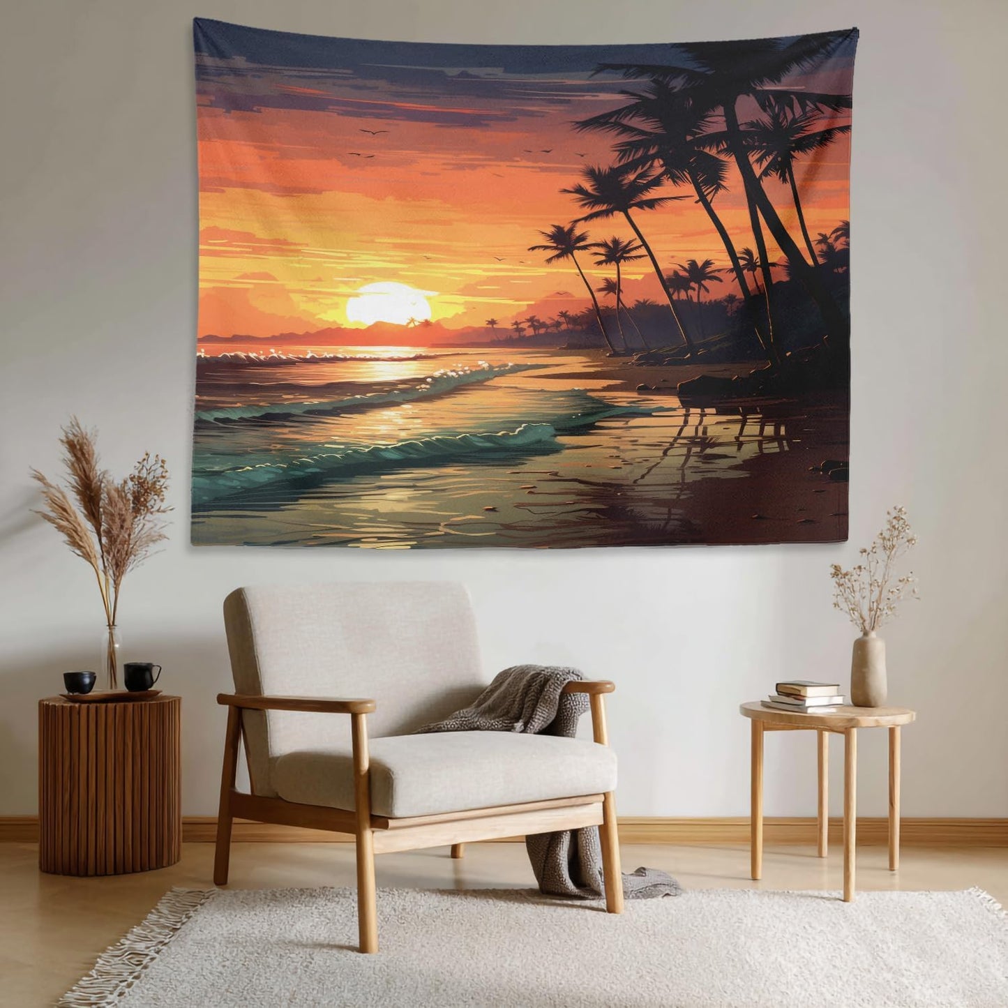 Shrahala Sunset Beach Wall Tapestry, Tropical Seaside Scene Wall Hanging Large Tapestry Decoration Polyester Fiber White Hem Around For Dorm Room Bedroom 59.1 X 82.7 In