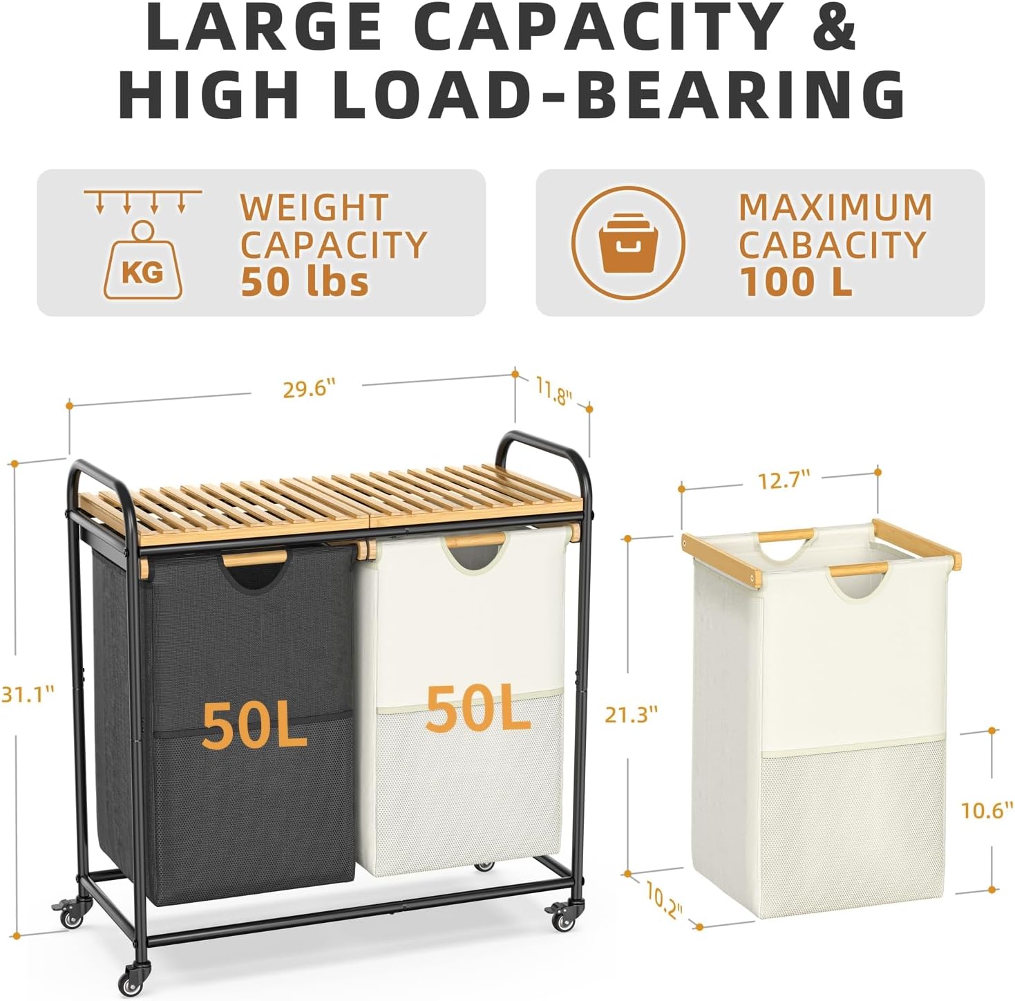 Laundry Hampers 2 Section, Laundry Sorter with Removable Shelf and Pull-Out Bags, Clothes Hampers with Wheels Rolling Cart Basket for Laundry Room Bathroom, 2 x 50 L (Black White) - Lumora Casa