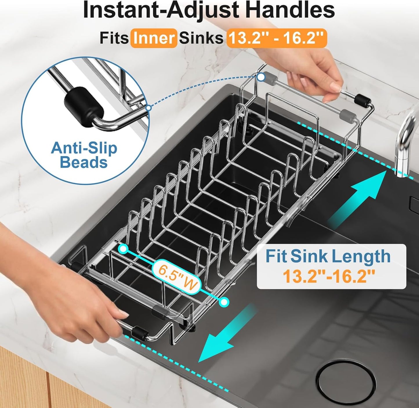 GSlife Small Dish Drying Rack for Counter, Stainless Steel Expandable Dish Drainer with Drain Board and 360° Swivel Spout, Compact for RV, Camper or Over Sink Use, 1-2 People, Narrow 6.5" W, Silver