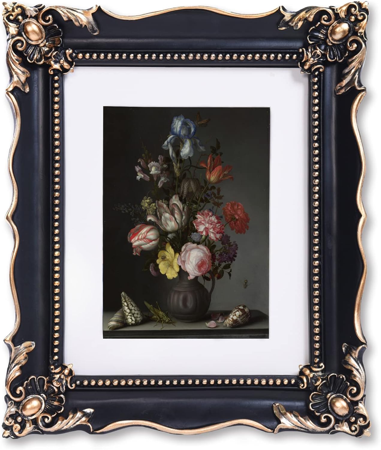 8x10 Vintage Picture Frame with Embossed Flower Design, Black Ornate Frame for 8x10 or 5x7 Pictures with White Mat, Hand-Crafted Resin Antique Frames for Tabletop & Wall Hanging, Home Decor (Black)