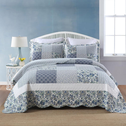 Cotton Bedspread Quilt Bedding Sets 3 Pieces Reversible Coverlet Sets Comforters Vintage Floral Patchwork Blue Bedspread (Blue Vintage Floral, Queen Size)