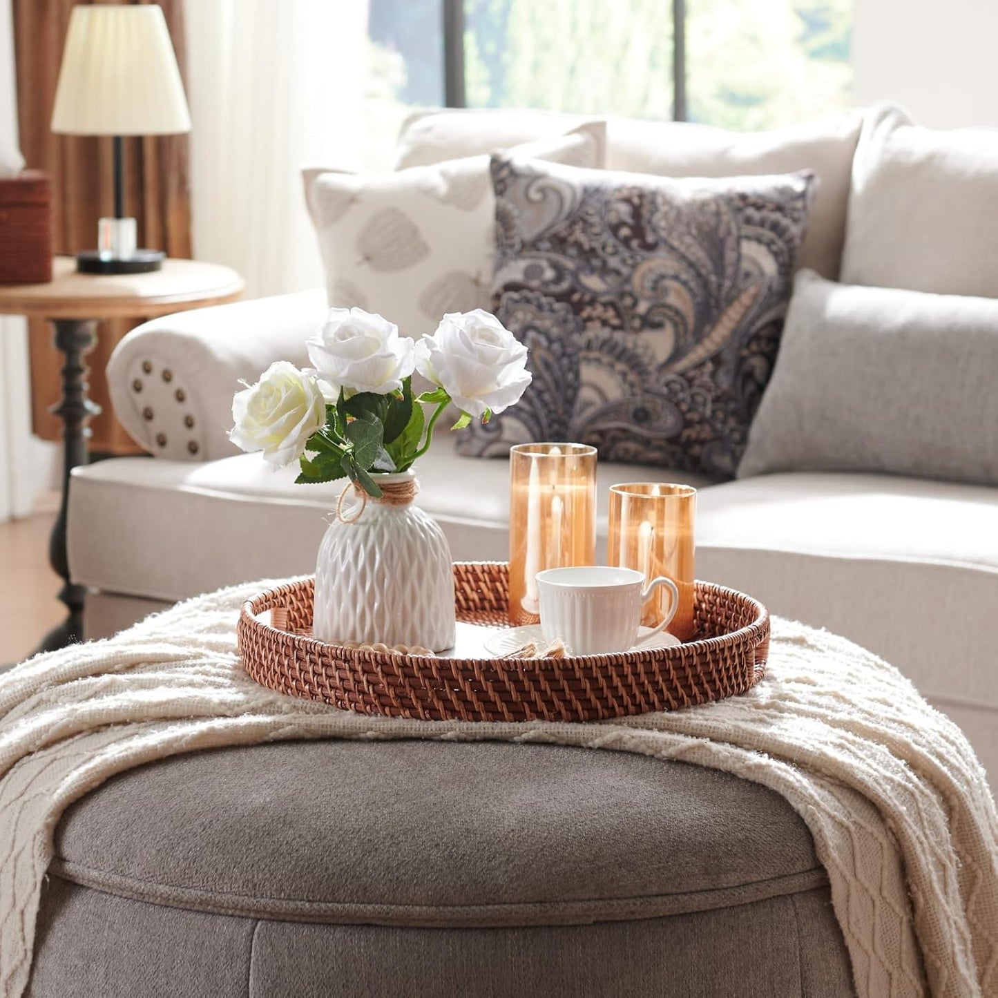 16.9 inch Rattan Tray, Round Wicker Tray with Cut-Out Handles, Woven Serving Tray for Dining/Coffee Table