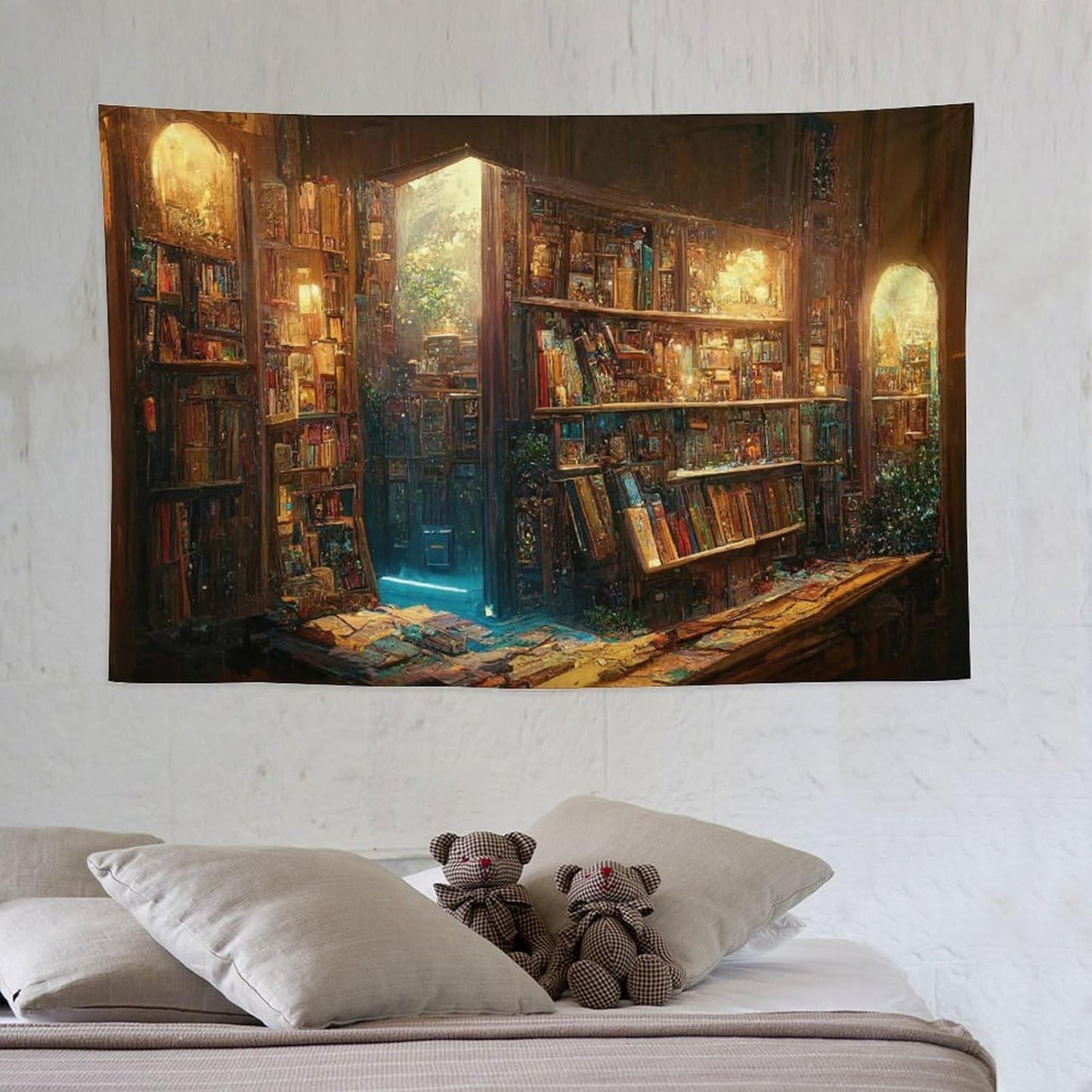 Kurtect Bookshelf Tapestry,Vintage Style Library Watercolor Art Theme Pattern Print Tapestries for Party Beach Picnic Blankets Tablecloths Living Room Wall Deocr, 40x60 in