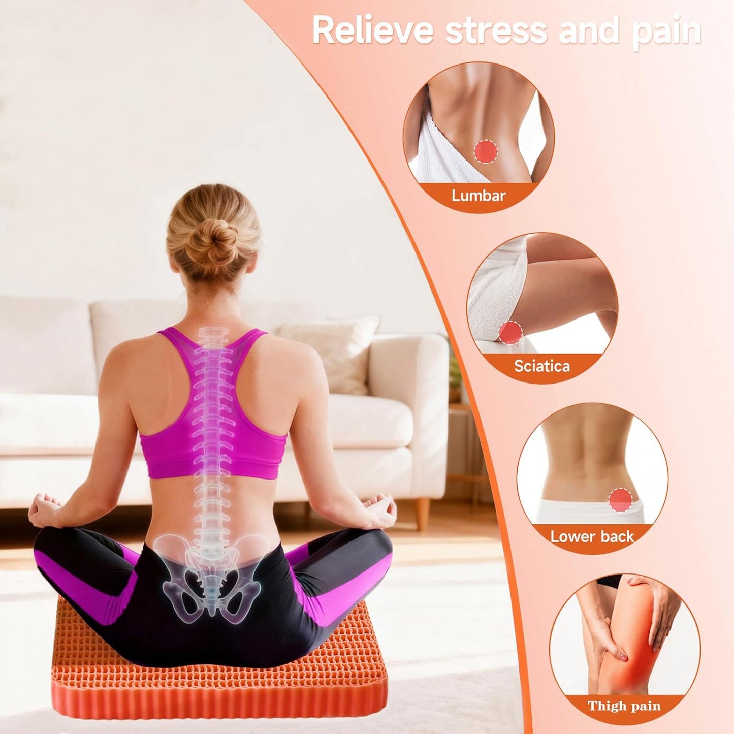 Innovative Gel Seat Cushion for Long Sitting, Breathable Grid Seat Cushion, Soft Cooling Support Chair Cushion for Office, Wheelchair, Car, Gel Cushion for Back, Sciatica,Tailbone Pain Relief.(orange)