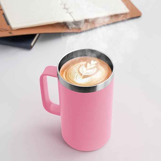 DOMICARE 24oz Mug with Handle and Lid, Stainless Steel Coffee Mug, Reusable Insulated Cup, Travel Mug with Handle, Double Wall Vacuum Coffee Tumbler for Men and Women, Pink, Pack 1