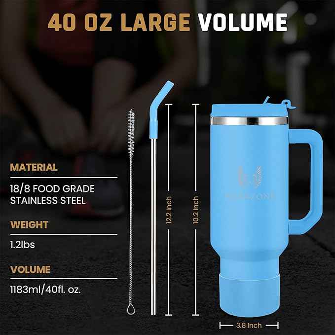 MARAZONE 40oz Stainless Steel Travel Tumbler with Handle, Three-Position Lid, Straw with Silicone Tip, Vacuum Insulated Water Bottle for Hot & Cold Drinks, Great Gifts for Mom, Sky Blue