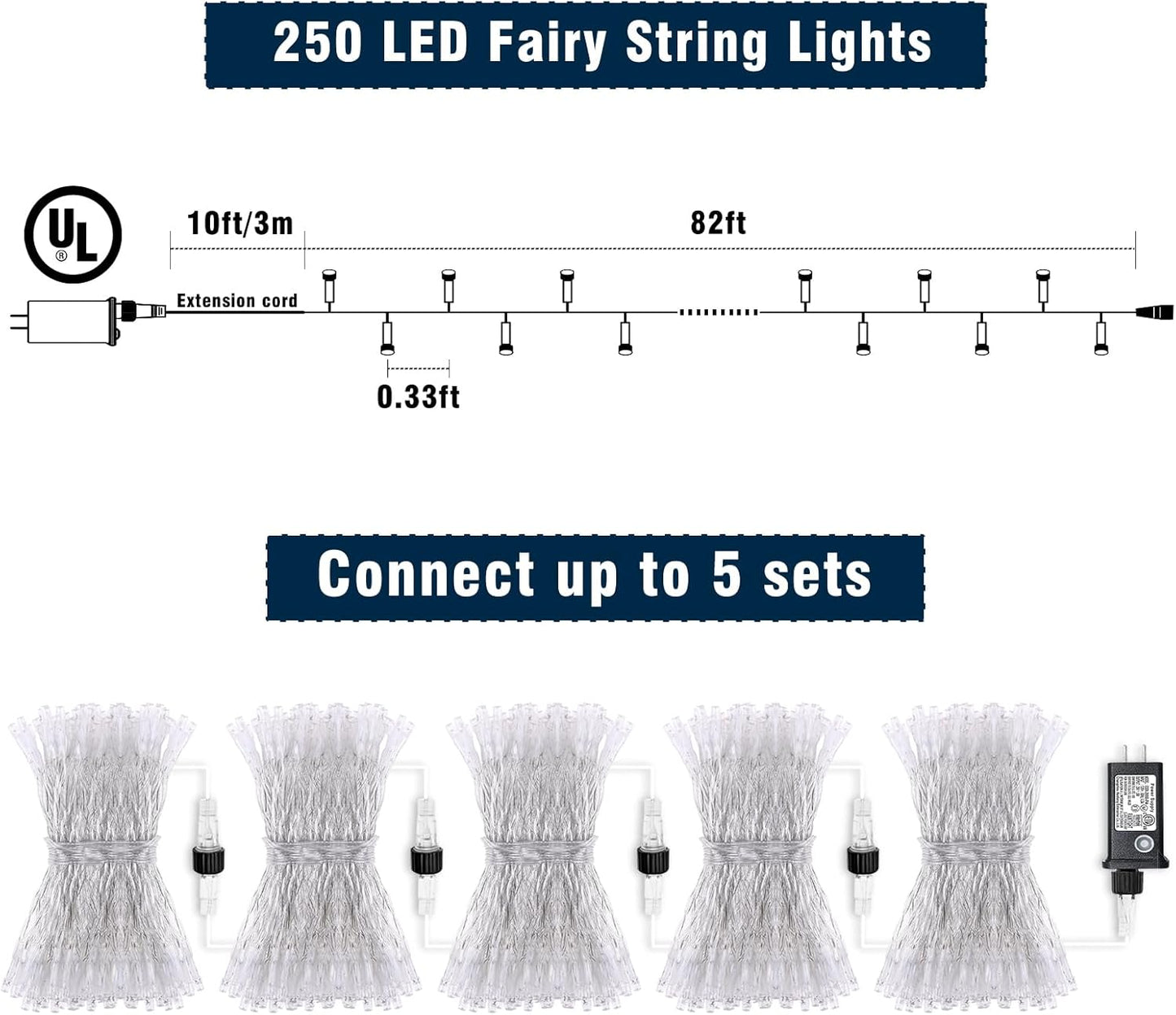 250 LED Blue Christmas Lights Outdoor 82ft Clear Wire Blue String Lights 8 Modes Clear Wire, Plug in Waterproof Twinkle Fairy String Light for Indoor Christmas Tree Bedroom Decorations
