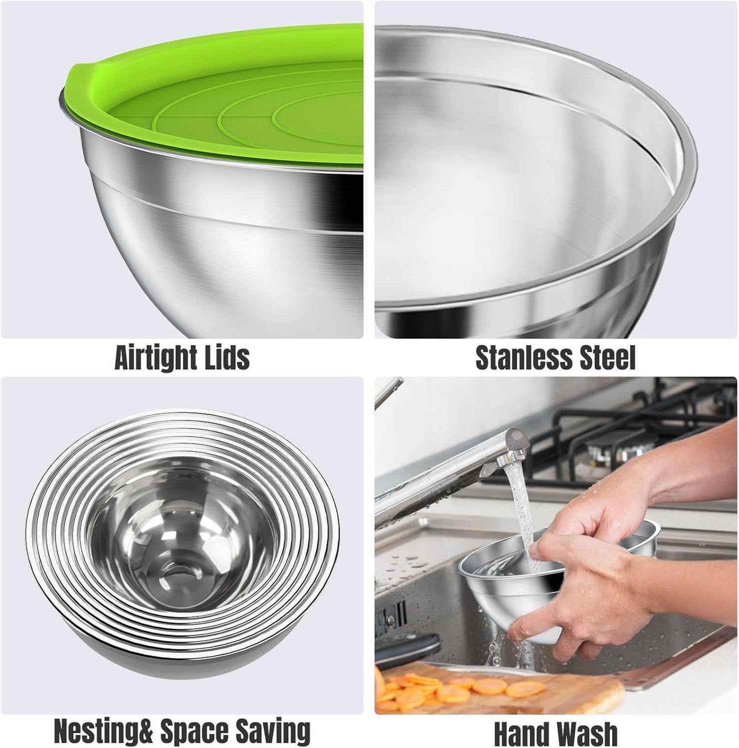 ENVTEK Mixing Bowls with Lids Set, 7 PCS Stainless Steel Mixing Bowls with 3 Grater Attachments, Size 4.5, 4, 3.5, 2.1, 1.5, 1.1, 0.7QT, Ideal for Kitchen Cooking Baking & Serving