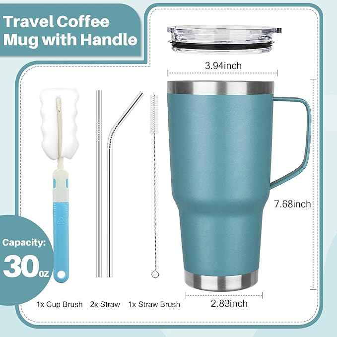30 oz Tumbler with Handle, Stainless Steel Insulated Tumbler with Lid and Straw, Double Wall Vacuum Coffee Mug Tumbler, Insulated Coffee Thermal Cup for Cold and Hot (Maya Blue)