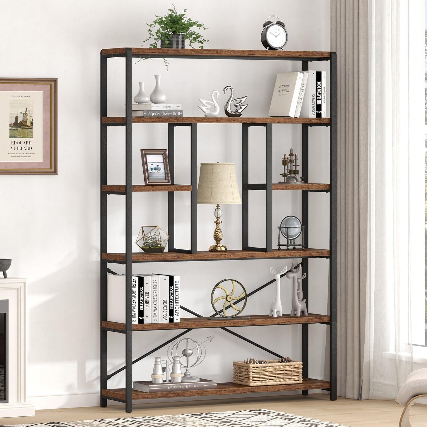 LVB Rustic Bookcases and Book Shelves, Metal Wood 6 Tier Bookshelf and Book Rack Storage, Industrial Vertical Display Etagere Book Case 6 Shelf, Vintage Large Book Shelf for Bedroom Living Room, Brown