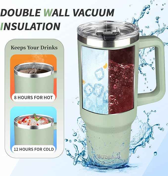 40 oz Tumbler with Handle, Insulated Tumbler with Lid and Straw, Reusable Stainless Steel Vacuum Insulated Cup, 100% Leak Proof Thermal Travel Coffee Mug Cup for Cold and Hot (Green Tea)