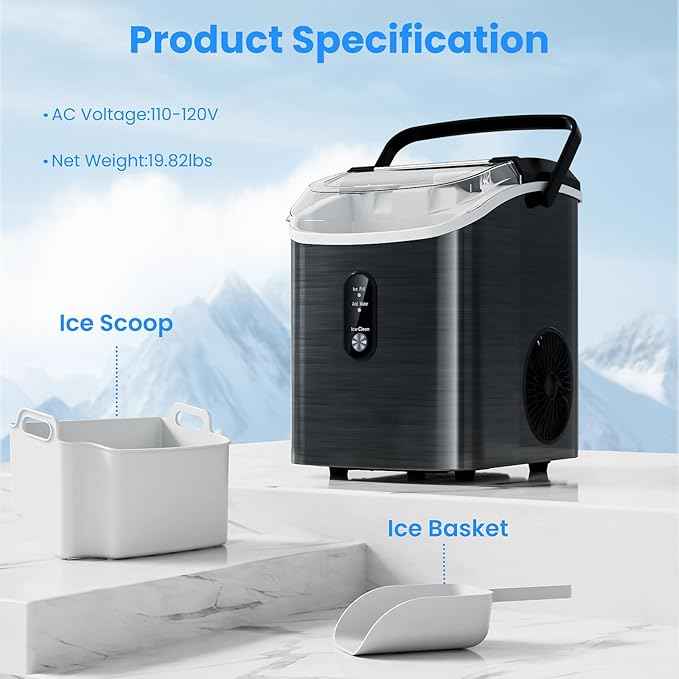Antarctic Star Nugget Ice Makers Countertop with Self-Cleaning, 35lbs/24H, Portable Sonic Ice Maker Machine with Handle/Basket/Scoop for Home, Kitchen, Office, Camping(Stainless Steel Black)