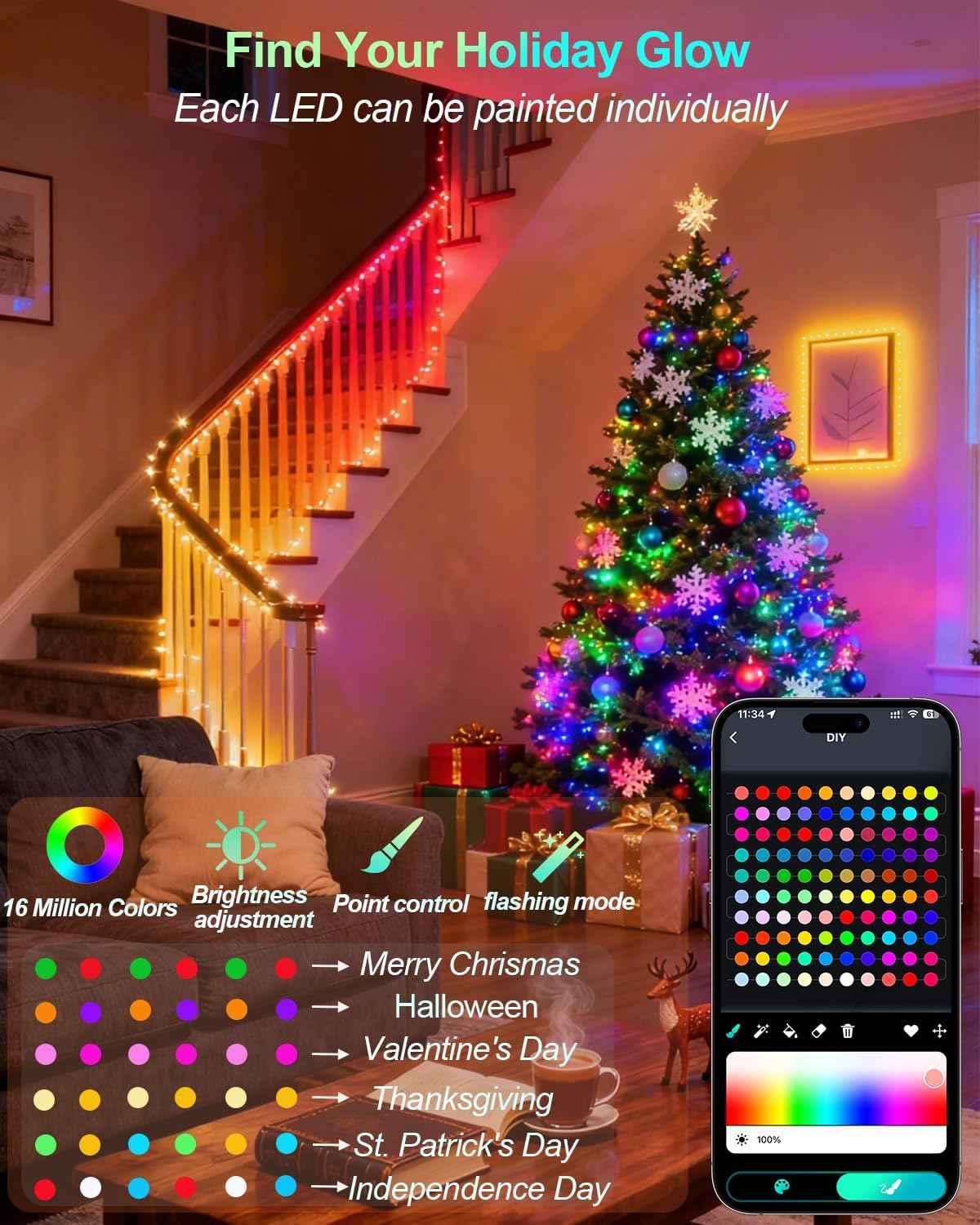 Smart Fairy String Lights, 33Ft DIY Twinkle Lights USB Port, Multicolor Warm White, App/Remote Control, 12 Modes &Music Sync for Bedroom,Party, Halloween, Indoor Christmas Tree Decor