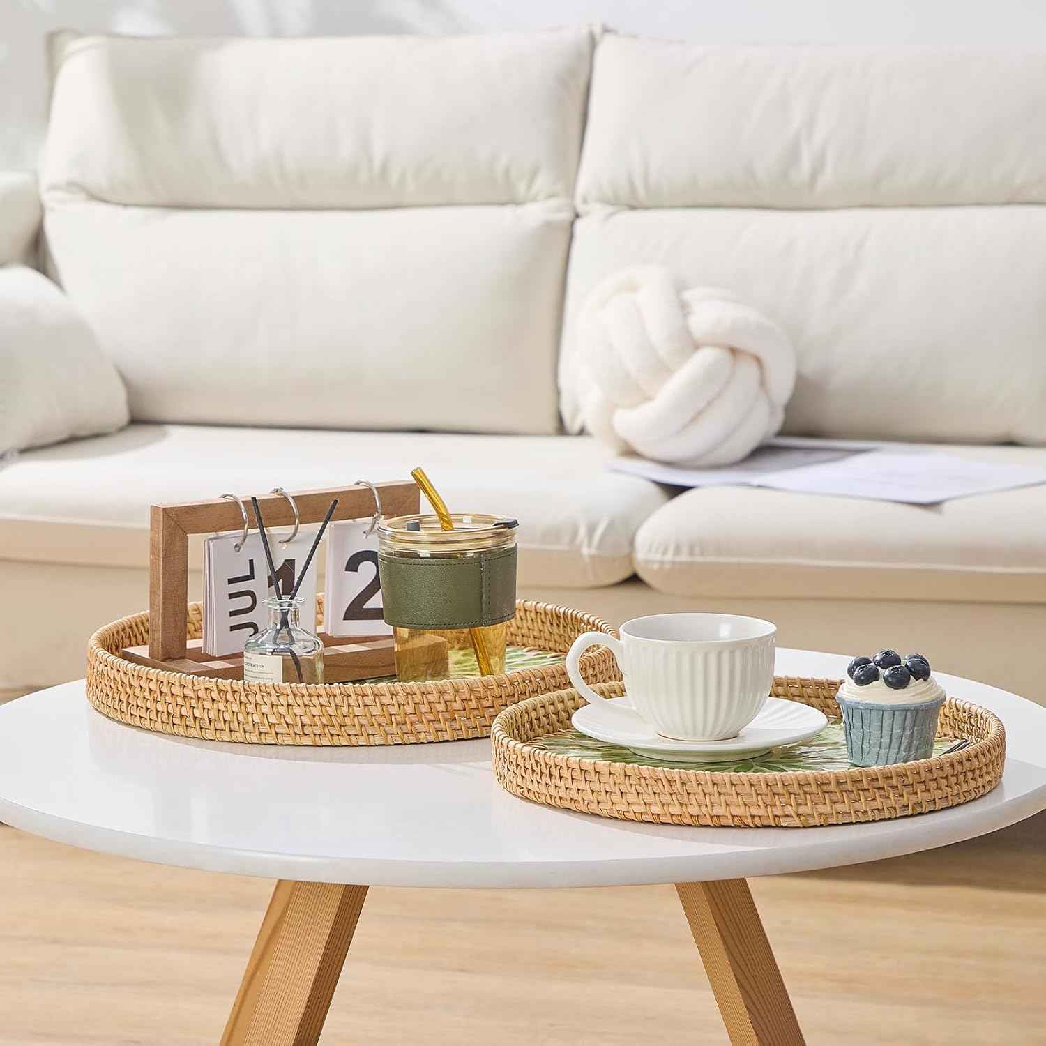 Round Rattan Tray with Mother of Pearl Inlay, Rattan Serving Tray with Wooden Base, Decorative Wicker Basket for Table Decor, Storage and Display of Coffee Bread Food Fruit (Leaf 13.5")