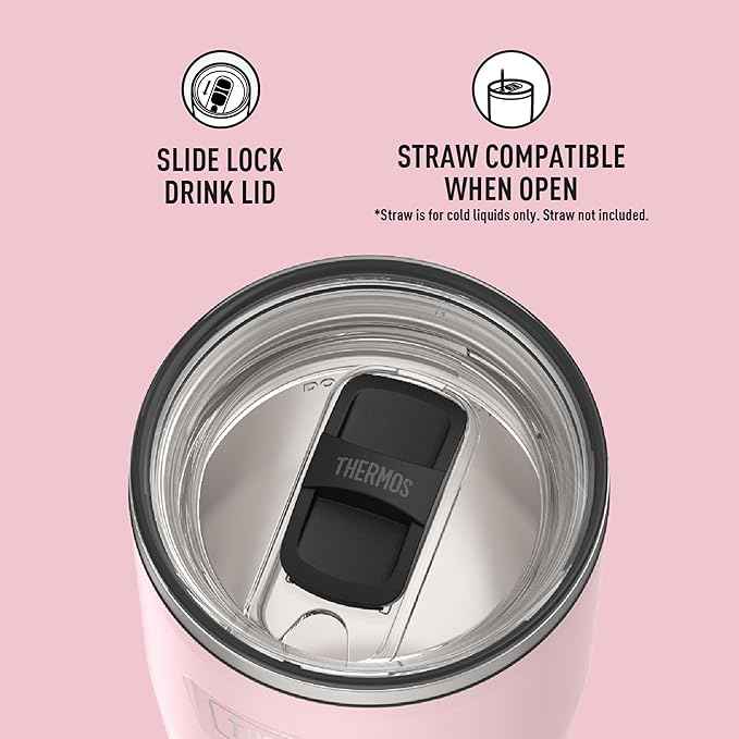 THERMOS ICON SERIES, Stainless Steel Cold Tumbler with Slide Lock, 24 Ounce, Sunset Pink