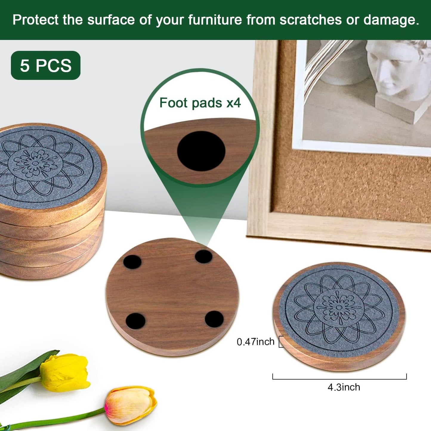 Wood Coasters for Drinks, Absorbent Coaster Sets of 5, Drinks Coasters for Coffee Tabletop Protection, Non-Slip, Non-Stick, Suitable for Kinds of Cups Wooden Table Hot or Cold Drink, 4.3 Inches