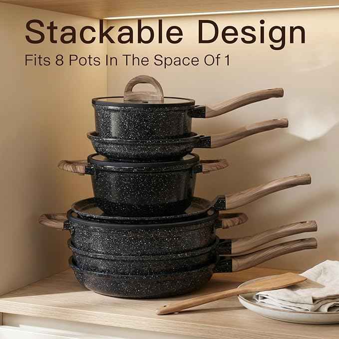 Pots and Pans Set Nonstick 22 Pcs, Ceramic cookware set Non-Toxic Coating Inky Granite Kitchen Cookware Set, Induction Kitchen Cooking Set w/Frying Pans, Saucepans & Glass Lids, PFOS & PFOA Free