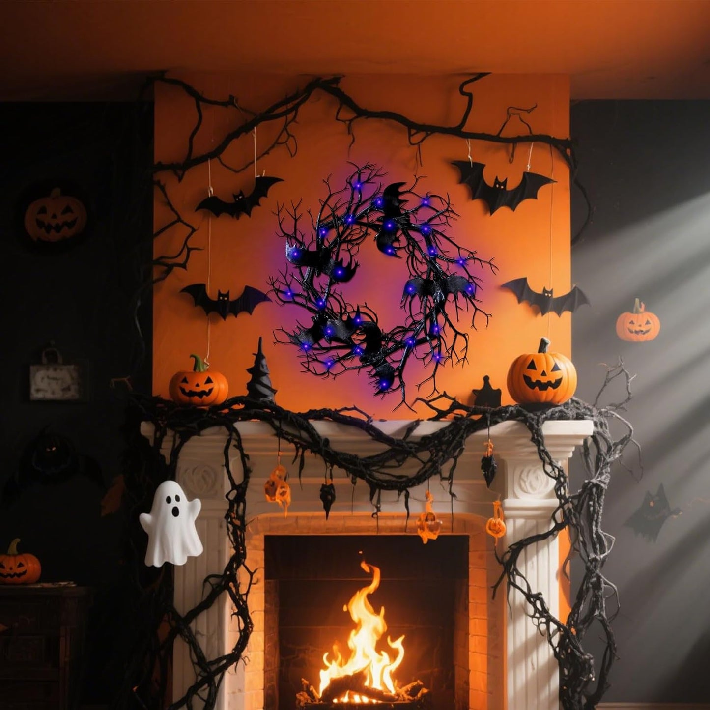 Halloween Black Branch Wreath - 18 Inch Black Twig Halloween Bat Wreaths for Indoor Outdoor Party Window Wall Decor Farmhouse Garland Yard