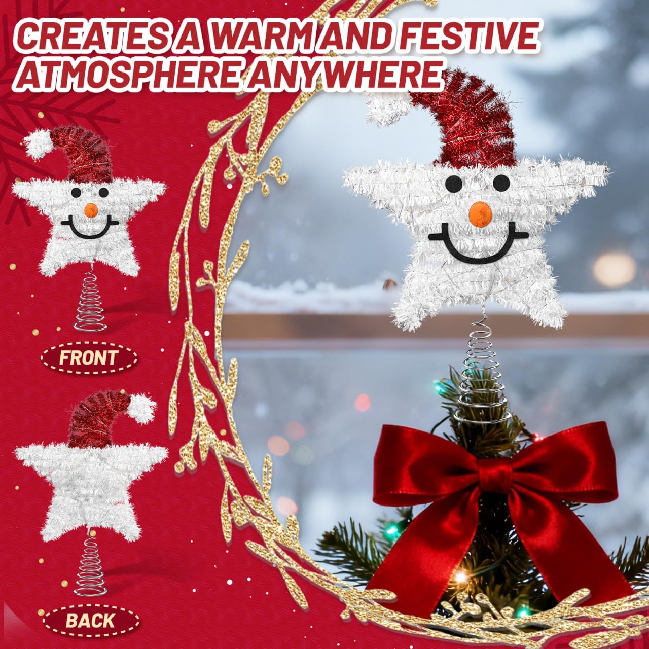 Christmas Tree Topper Snowman Star: Lighted Sparkling Snowman Xmas Tree Top with Led Lights Decoration for Holiday Parties Seasonal Celebrations (Without Battery)