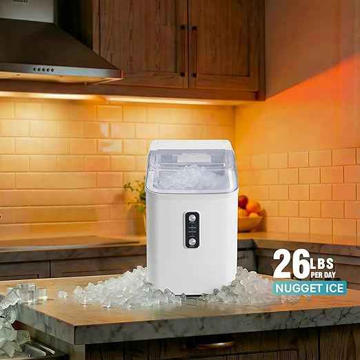 NEWBULIG Nugget Ice Makers Countertop, Portable Nugget Ice Machine, Ready in 6 Mins, 24lbs in 24Hrs, Auto-Cleaning, with Basket and Scoop, for Home, Kitchen, RV, Camping, White