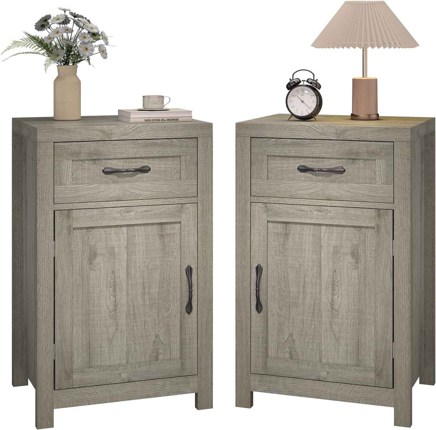 Farmhouse Nightstand Set of 2 with Drawer, 30" End Table with Storage Cabinet and Adjustable Shelf, Tall Bedside Table Rustic Wood Sofa Side Table for Living Room, Bedroom, Grey