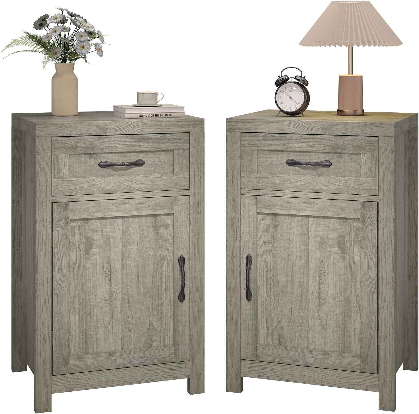 Farmhouse Nightstand Set of 2 with Drawer, 30" End Table with Storage Cabinet and Adjustable Shelf, Tall Bedside Table Rustic Wood Sofa Side Table for Living Room, Bedroom, Grey