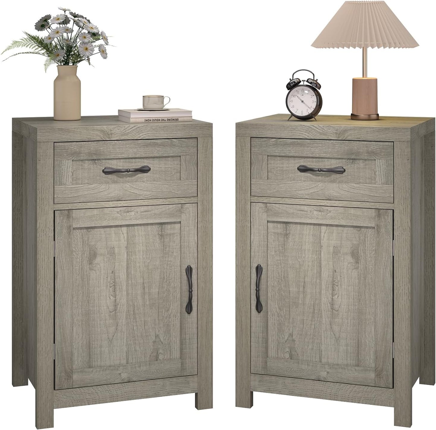 Farmhouse Nightstand Set of 2 with Drawer, 30" End Table with Storage Cabinet and Adjustable Shelf, Tall Bedside Table Rustic Wood Sofa Side Table for Living Room, Bedroom, Grey