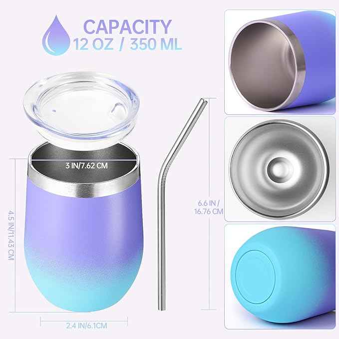 Volhoply 12oz Stainless Steel Wine Tumbler with Lid Bulk 4 Pack,Double Wall Vacuum Stemless Wine Glasses,Reusable Metal Travel Coffe Mug with Straw,Insulated Cup Gifts for Christmas（Purple Bule,4 Set）