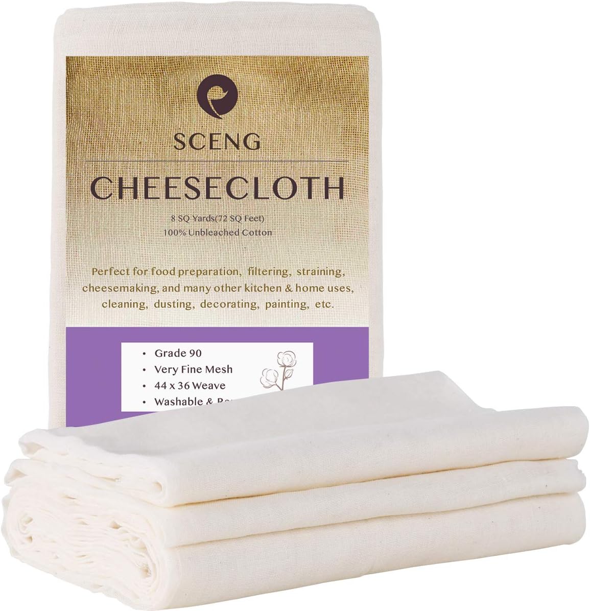 Cheesecloth, Grade 90, 72 Sq Feet, 100% Unbleached Cotton Fabric, Ultra Fine Reusable Cheesecloth for Cooking, Straining (Grade 90-8Yards)