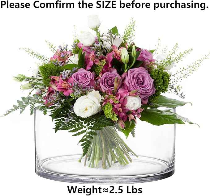 YOUEON Wide Glass Cylinder Vase, 4" Tall x 8" Wide Flower Glass Vase, Cylinder Terrarium Bowl, Decorative Centerpiece for Weddings Events, Pillar Candle, Flower Arrangement, Clear