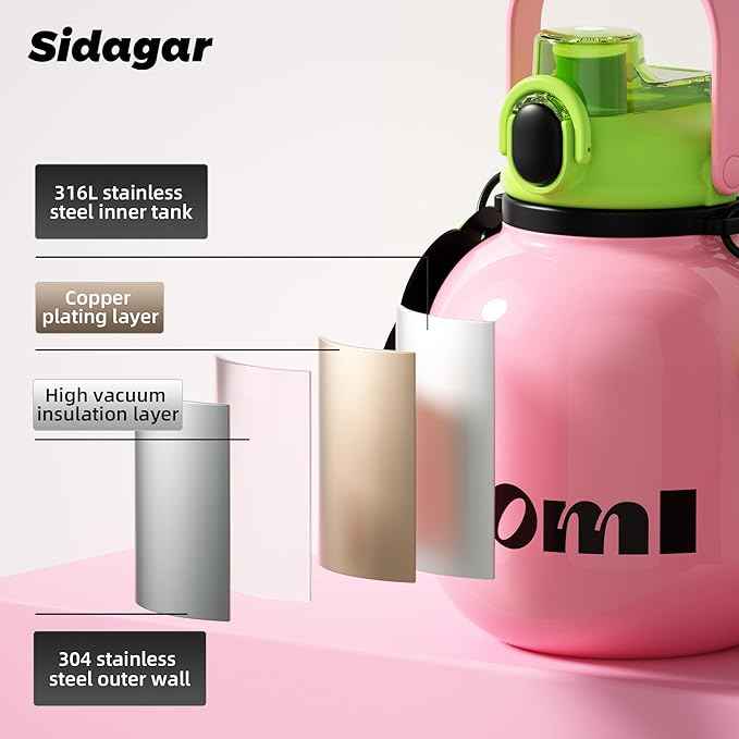 60 oz Big Gallon Water Bottle with Straw and Carry Handle, Pink Wide Mouth Vacuum Water Jug, Insulated Stainless Steel Bottles Easy Carry Tumbler for Women