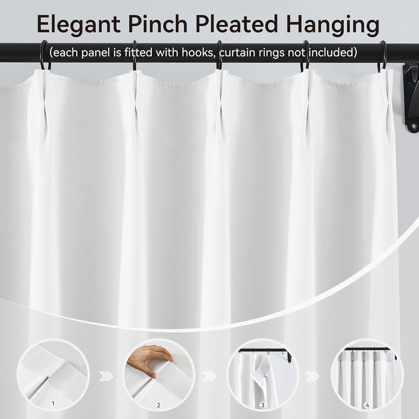 KangBang White Pinch Pleat Curtains 95 Inches Long, Extra Wide Room Darkening Privacy Window Treatments Snow White Privacy Assured Drapes for Sliding Door Sun Room with Adjustable Hooks,2PCs,60x95