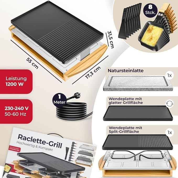 KESSER Raclette Grill with Natural Stone, Table Grill Plate for 8 People, Electric Raclette Grill with Non-Stick Plate, 8 Pots and Wooden Spatula 1200W