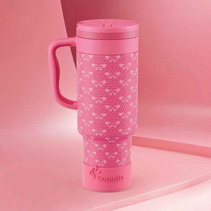 40 oz Insulated Tumbler with Handle and Push-Button Straw Lid, Stainless Steel Travel Cup for Gym Office, Leakproof, BPA-Free, Cup Holder Friendly, Bow Silicone Boot, Pink (Coquette Fuchsia)
