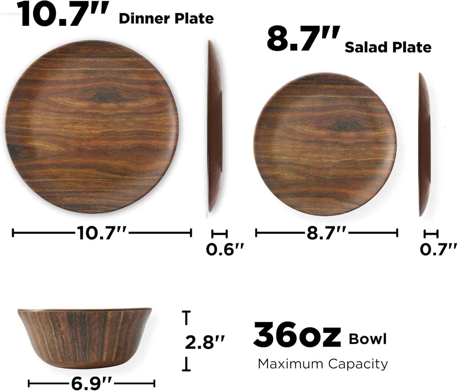 TP 12-Piece Melamine Dinnerware Sets, Plates and Bowls Dishes Set for 4, Break-Resistant & Non-Microwavable, Lightweight Dinner Plates, Wood Grain