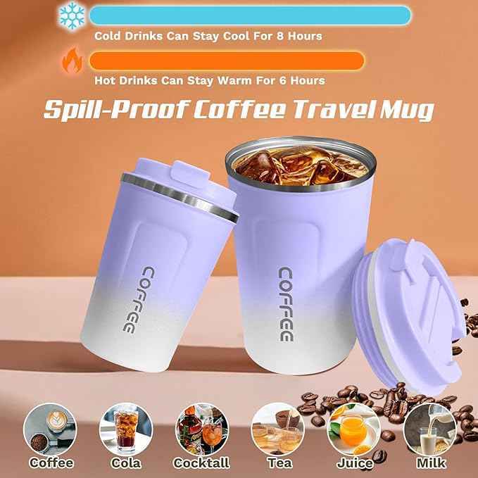 SPLMIFA Travel Coffee Mugs Leak-Proof, Reusable Coffee Cup with Lids, Stainless Steel Vacuum Insulated Coffee Tumblers, Thermal Insulation Cup for Men & Women Hot & Cold Drinks(2nd-Purple White, 17OZ)