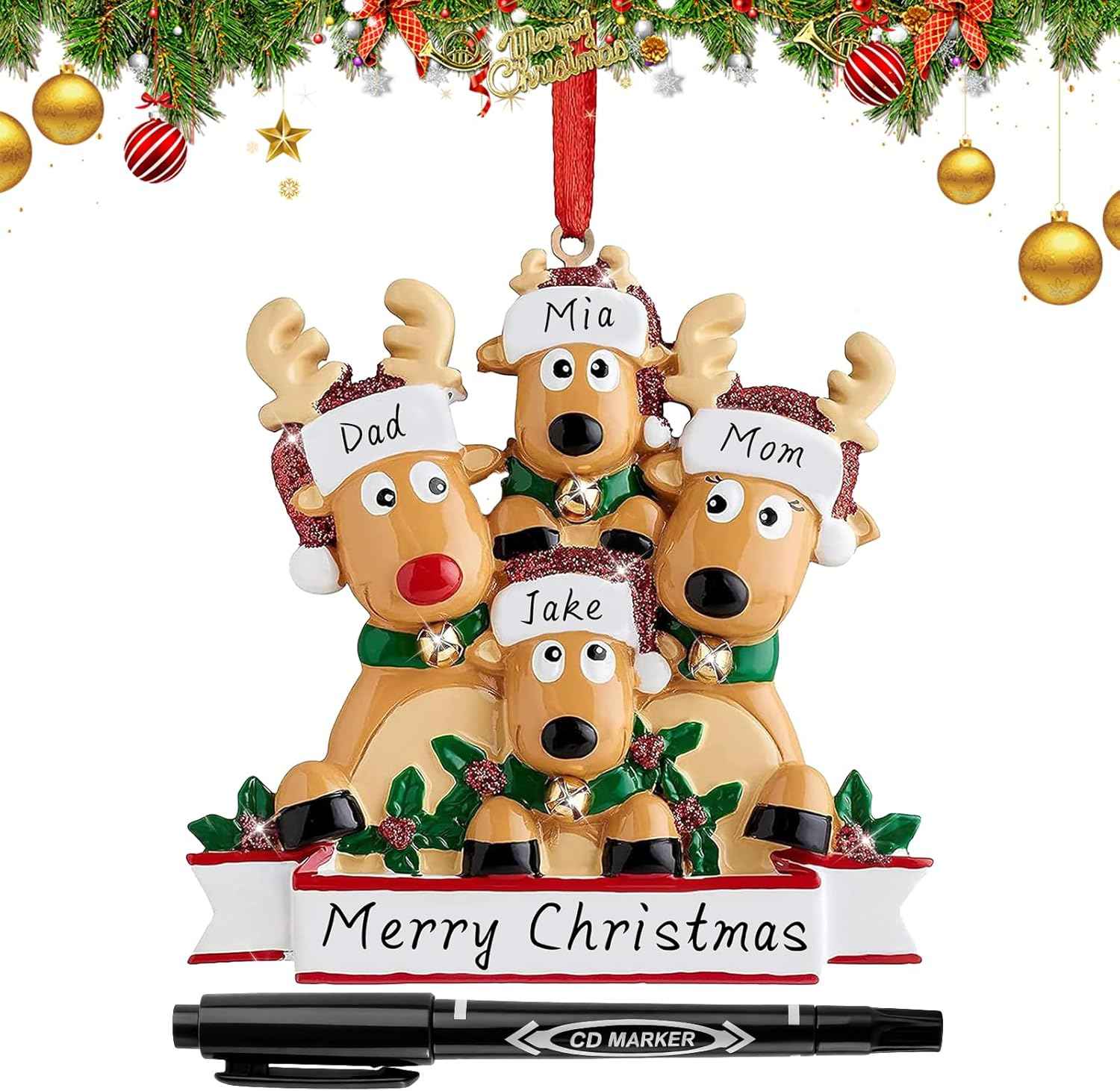 Personalized Deer Christmas Ornaments 2025 Family of 2,3,4,5,6, Custom Engraved Names & Year, Custom Polyresin Hanging Reindeer Ornament for Xmas Tree Decoration Holiday Family Decor Gifts