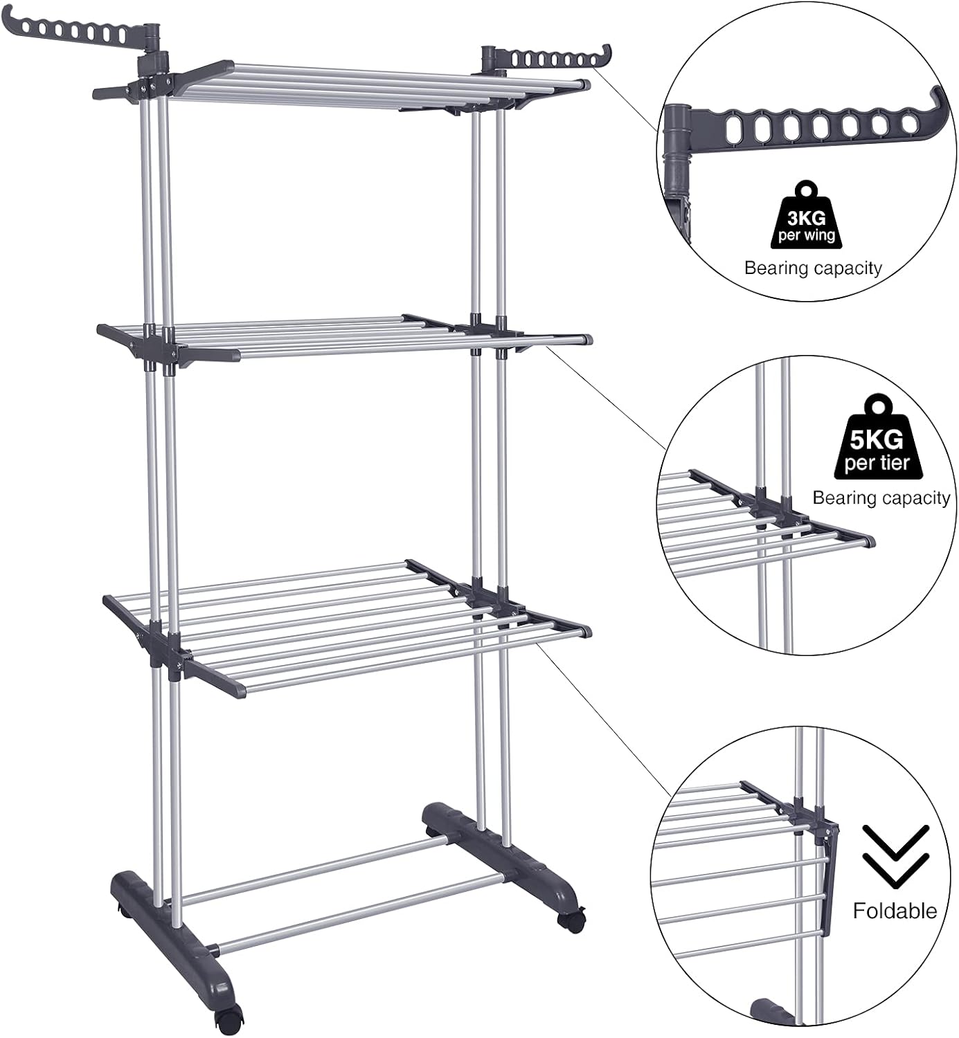 Bigzzia Clothes Drying Rack Folding Drying Rack Clothing 4 Tier Clothes Horses Rack Stainless Steel Laundry Drying Rack with Two Side Wings Grey