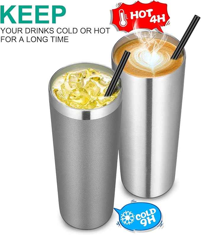 VEGOND Stainless Steel Skinny Tumbler, 20 oz Vacuum Insulated Tumbler with Lid and Straw, Double Wall Coffee Cup, Travel Mug for Cold Hot Drinks, Stainless Steel 1 Pack