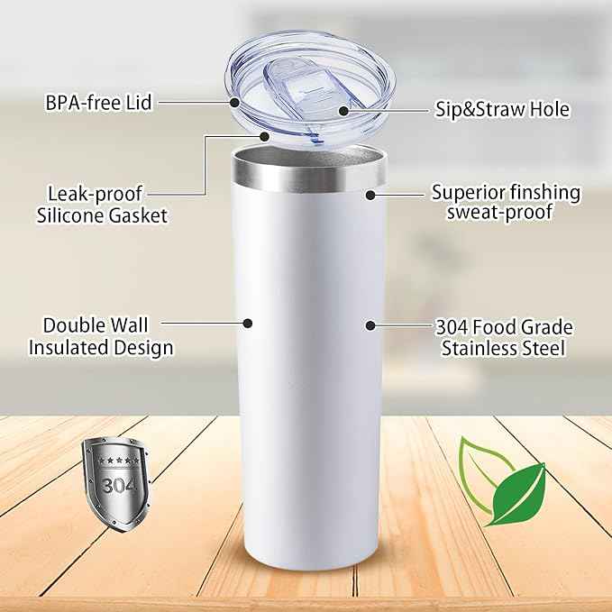 20 oz Skinny Tumbler with Lid and Straw,Stainless Steel Vacuum Insulated Tumbler Cup Double Wall Leak-proof Coffee Mug,Travel Thermal Water Tumbler for Home,Office,Outdoor(White,1)
