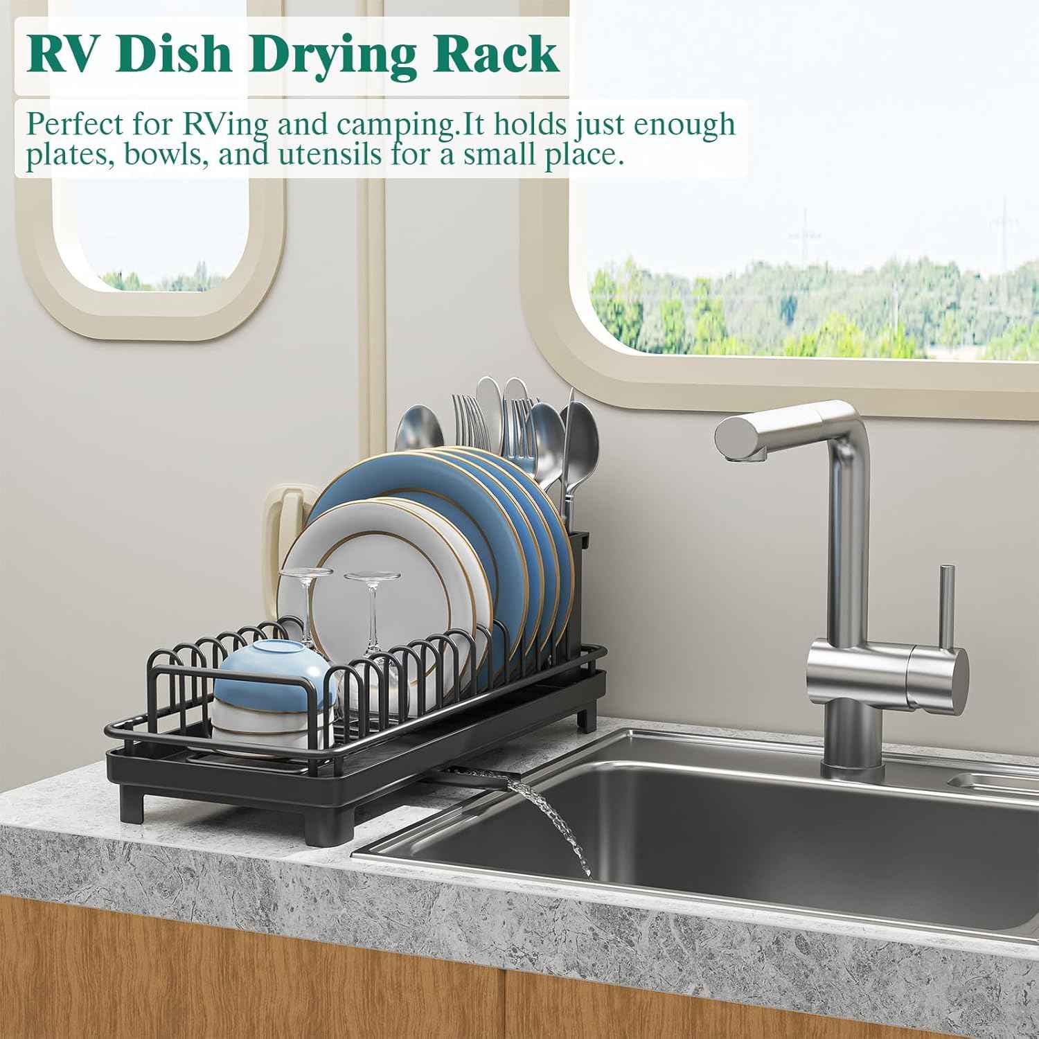 XYZLVSI Small Sink Dish Drying Rack with Drainboard, Compact Dish Drainer for Kitchen Countertop, Rustproof Plate Organizer with Utensil Holder, Black
