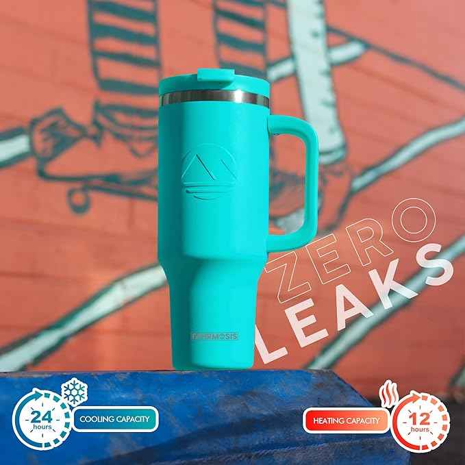 FAHRMOSIS 40 Oz Tumbler with Handle and Straw Insulated Cup that Fits in Cup Holder for Hot & Cold Drinks Leak Proof Tumbler with Straw Stainless Steel Travel Mug for Men & Women - Teal