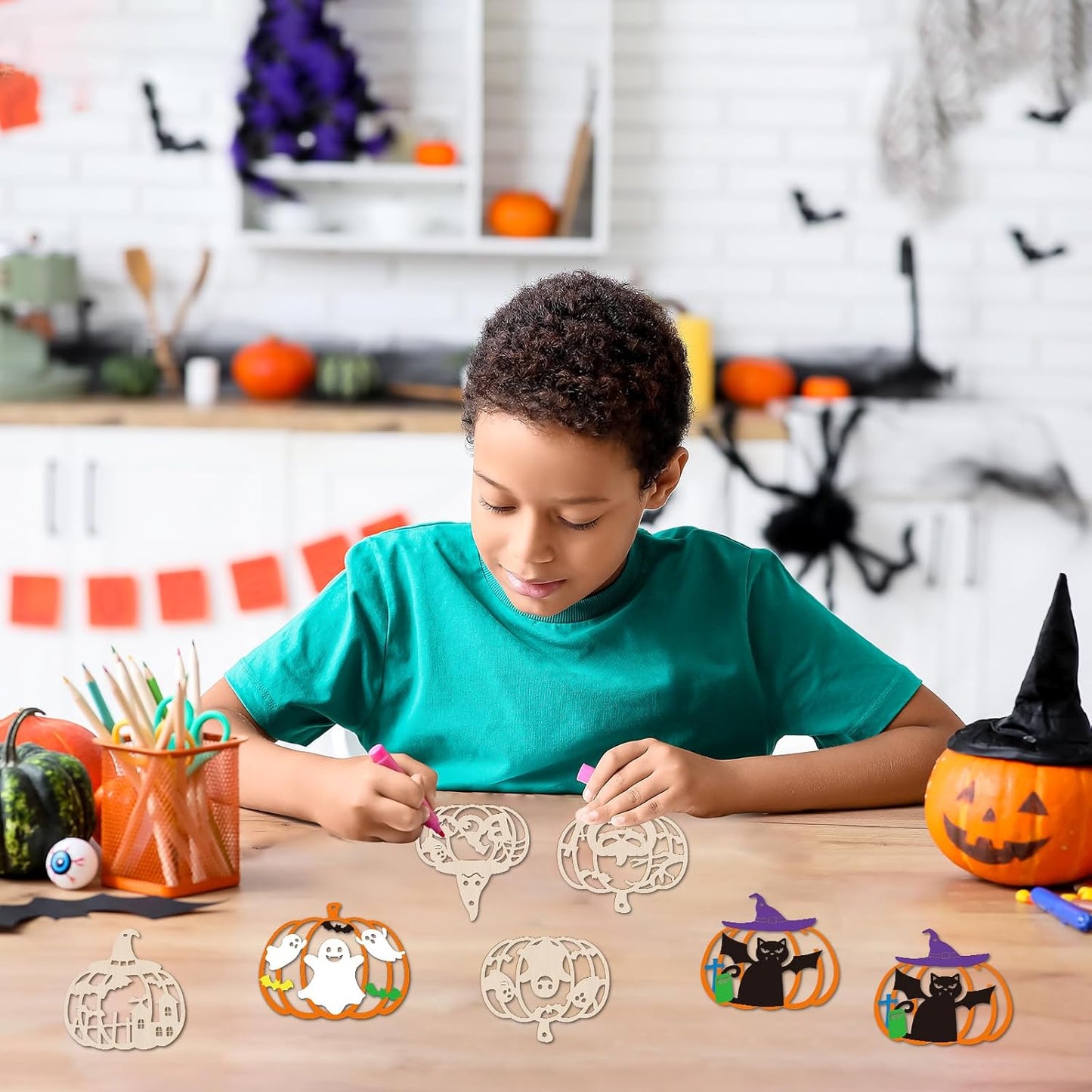 24 PCS Unfinished Wooden Halloween Crafts,Pumpkin Shaped Hanging Ornaments DIY Wood Craft Cutouts for Halloween Party Decor (Hollow Pumpkin)