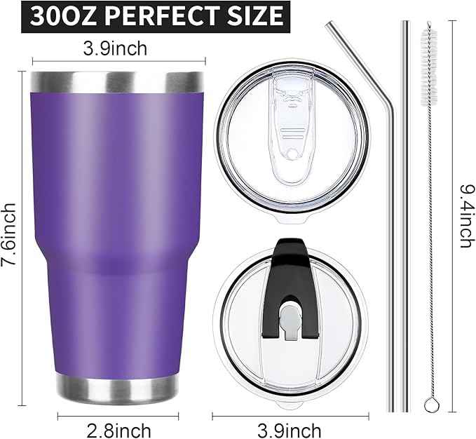 30 oz Tumbler with Lids and Straws Double Wall Vacuum Insulated Tumbler Cup,Stainless Steel Leak-proof Thermal Tumbler Powder Coated Travel Coffee Mug for Cold and Hot Drinks,Dark Purple