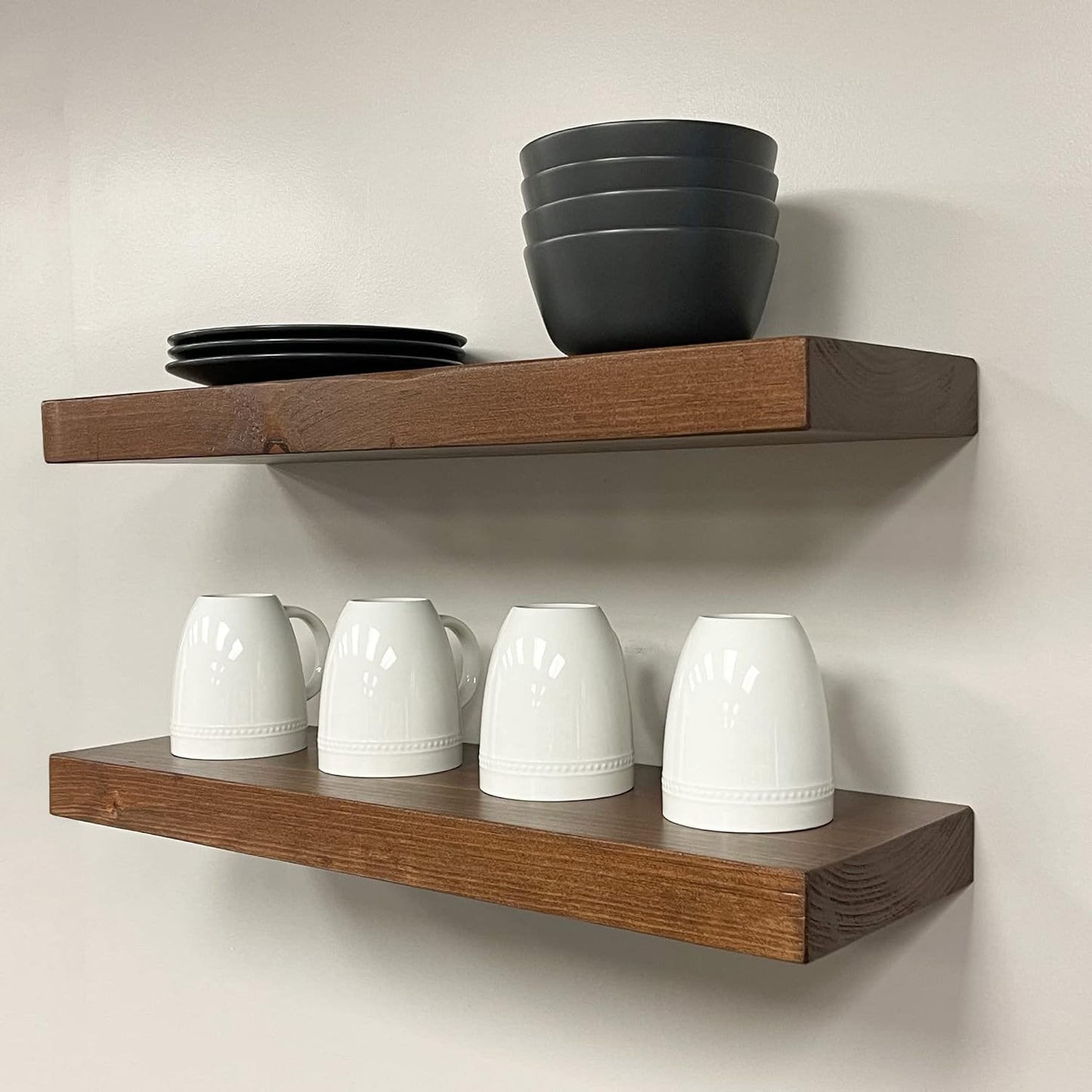 URBANDI, Rustic Floating Shelves, Set of 2, Hidden Bracket, Solid Wood, Heavy Duty, Wall Mounted Shelves, (Provincial, 24Wx6D)
